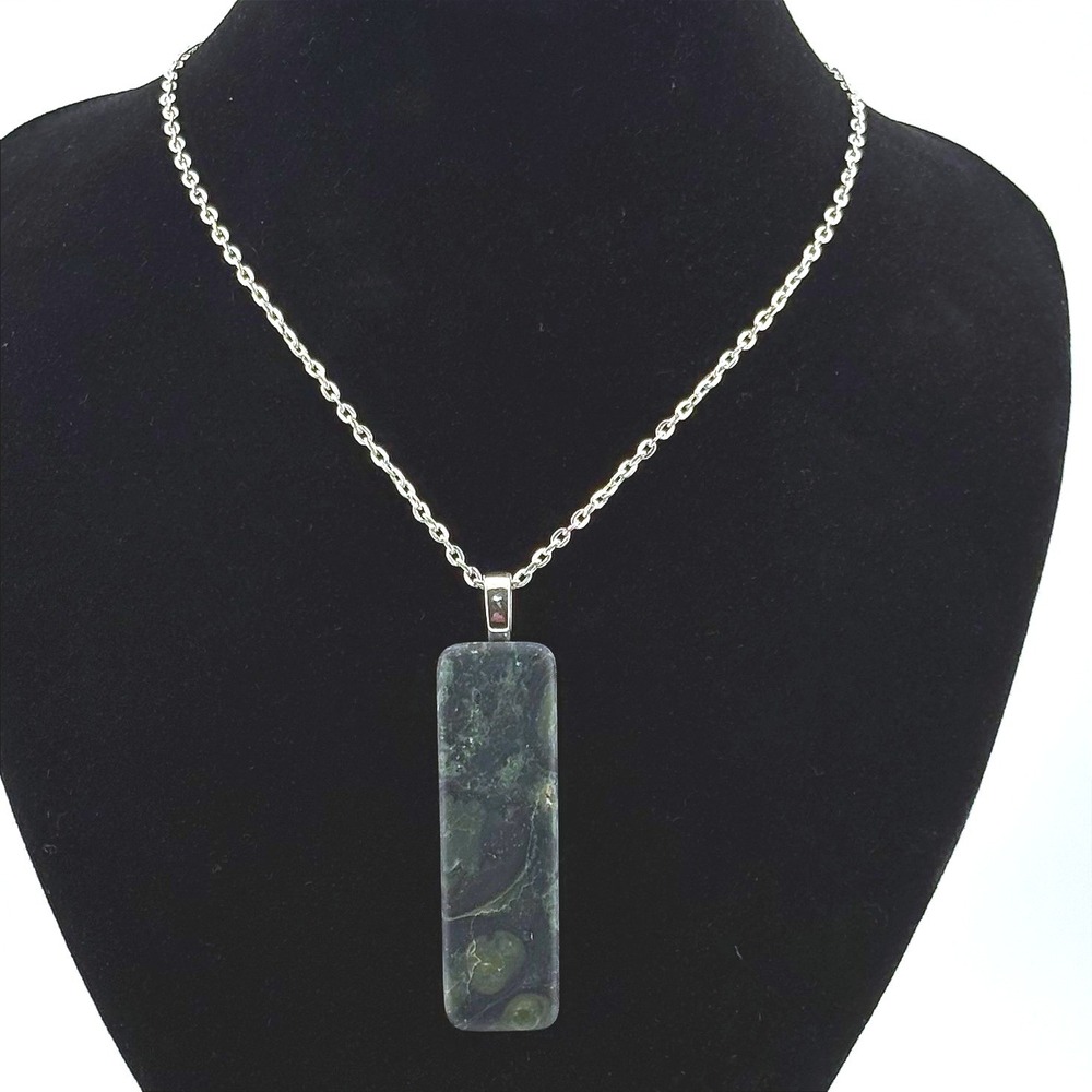Kambaba Jasper Rectangular Bar Pendant Necklace Silver Tone‎ Cable Chain Boho
